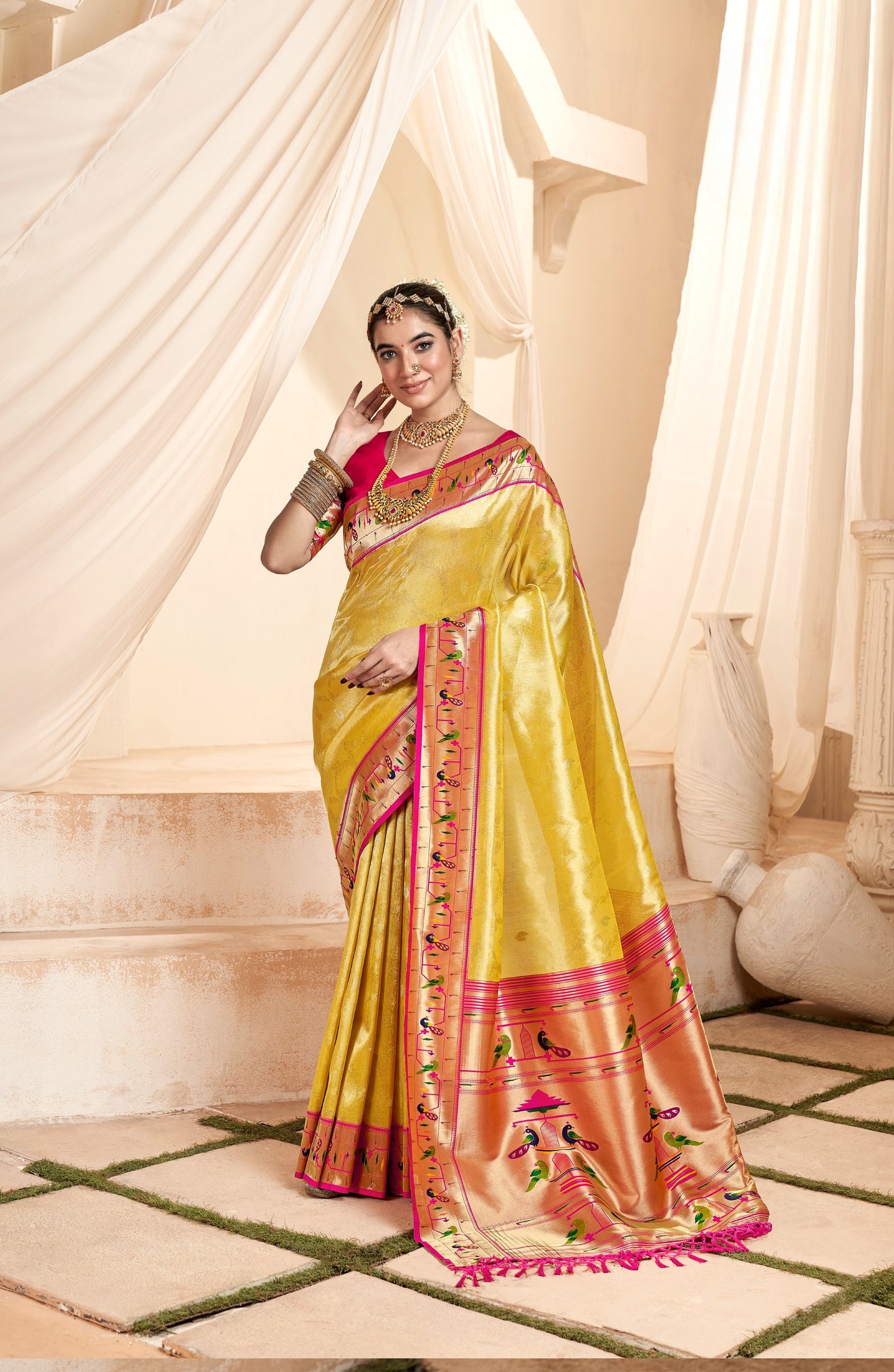 Yellow Designer Weaving Pure Paithani Tissue Silk Saree With Blouse