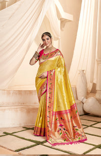 Yellow Designer Weaving Pure Paithani Tissue Silk Saree With Blouse