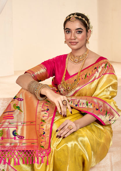 Yellow Designer Weaving Pure Paithani Tissue Silk Saree With Blouse