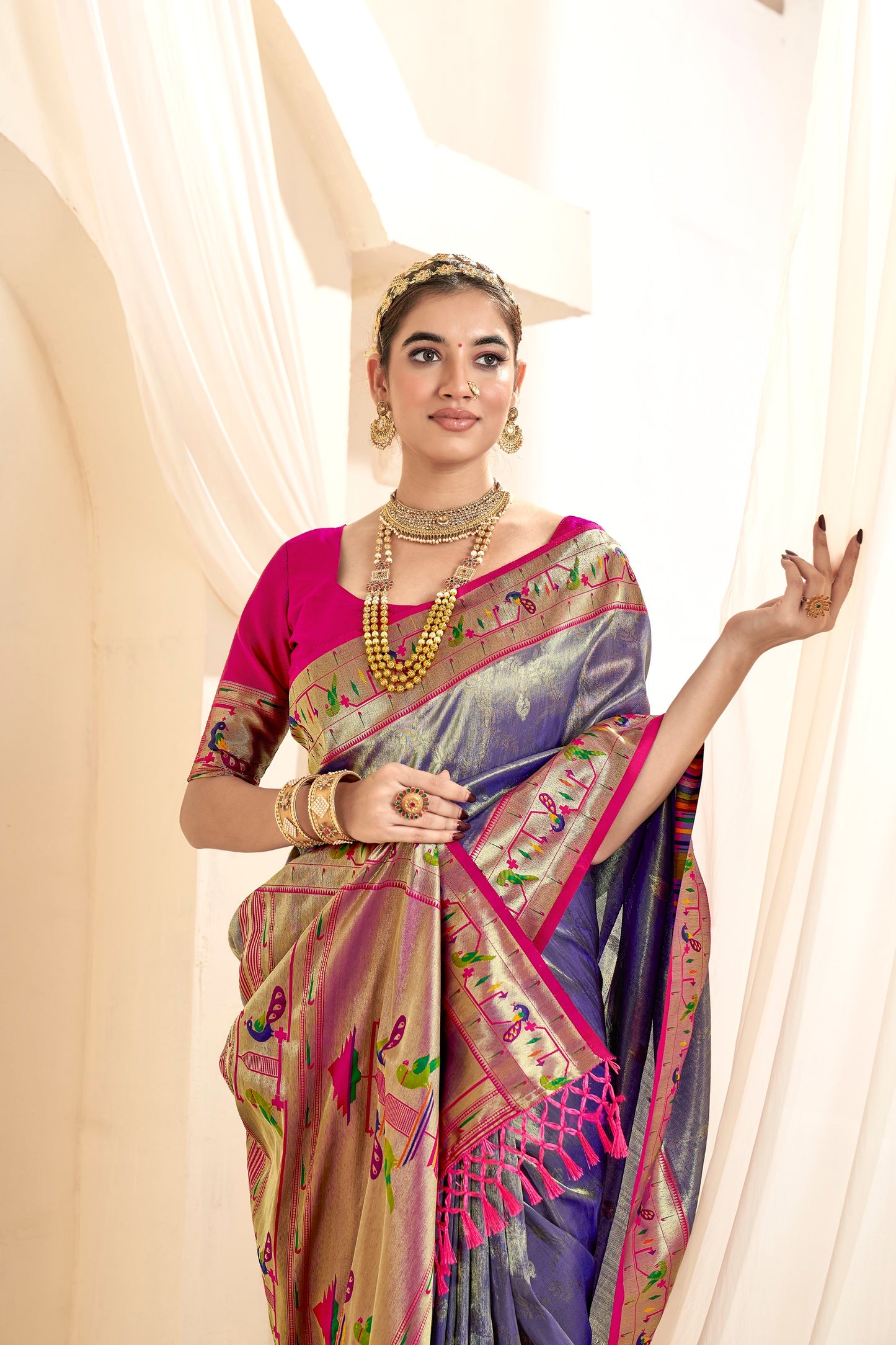 Blue Designer Weaving Pure Paithani Tissue Silk Saree With Blouse