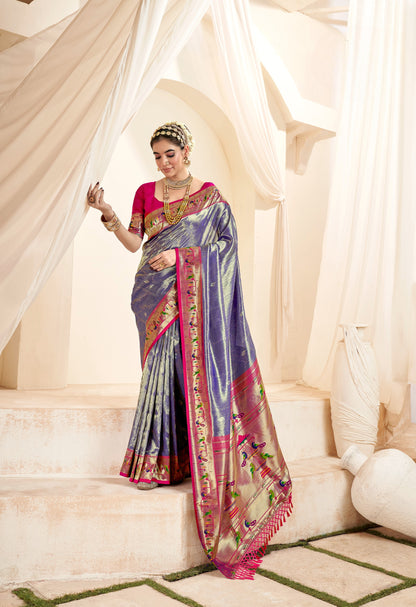 Blue Designer Weaving Pure Paithani Tissue Silk Saree With Blouse