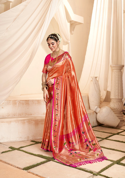 Orange Designer Weaving Pure Paithani Tissue Silk Saree With Blouse