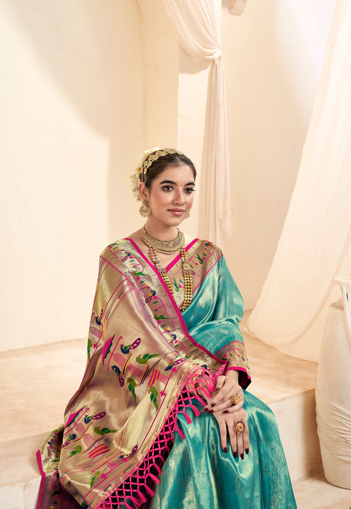 Sea Green Designer Weaving Pure Paithani Tissue Silk Saree With Blouse