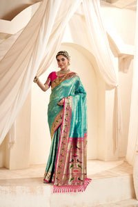 Sea Green Designer Weaving Pure Paithani Tissue Silk Saree With Blouse
