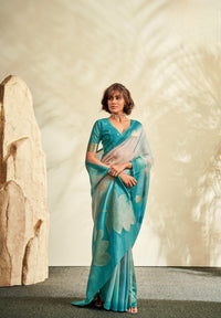 Sky Blue Printed Handloom Khadi Silk Silk Saree With Blouse