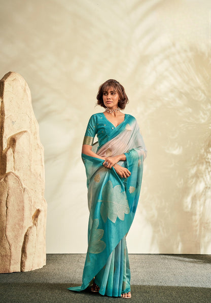 Sky Blue Printed Handloom Khadi Silk Silk Saree With Blouse