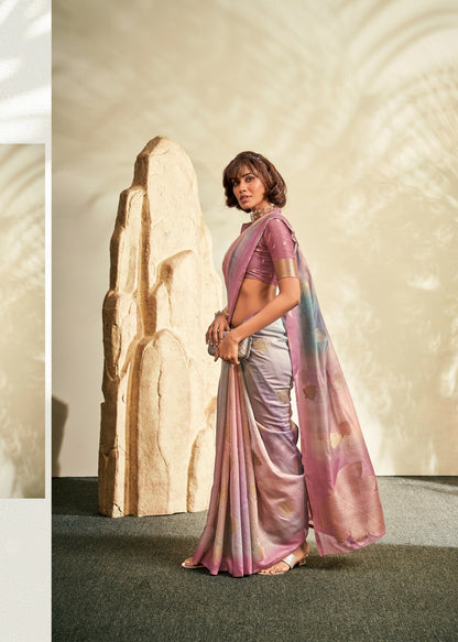Purple Printed Handloom Khadi Silk Silk Saree With Blouse