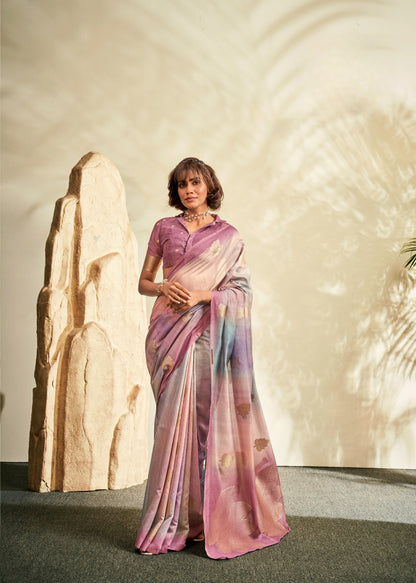 Purple Printed Handloom Khadi Silk Silk Saree With Blouse