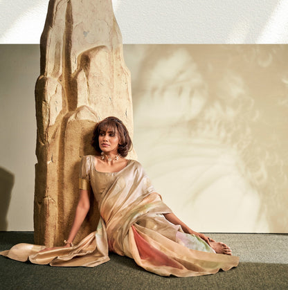 Cream Printed Handloom Khadi Silk Silk Saree With Blouse