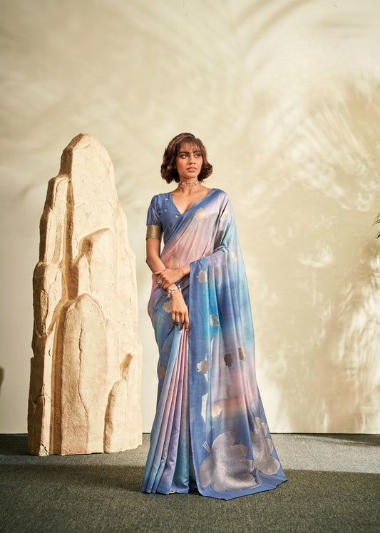 Blue Printed Handloom Khadi Silk Silk Saree With Blouse
