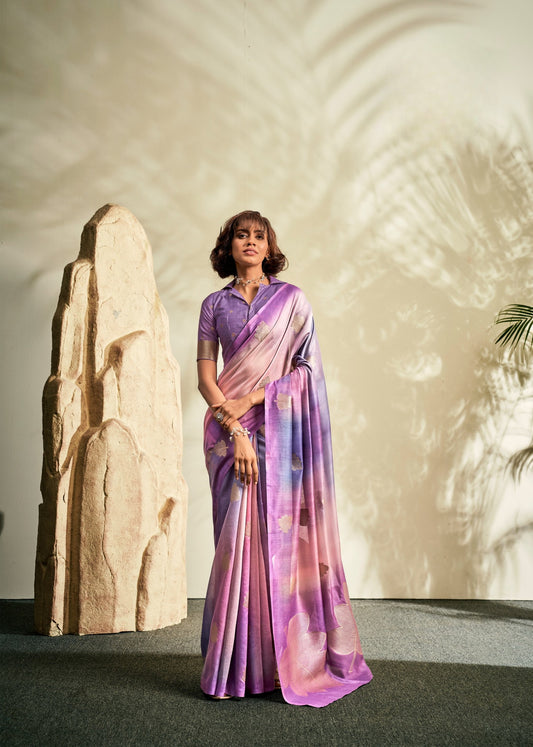 Lavender Printed Handloom Khadi Silk Silk Saree With Blouse