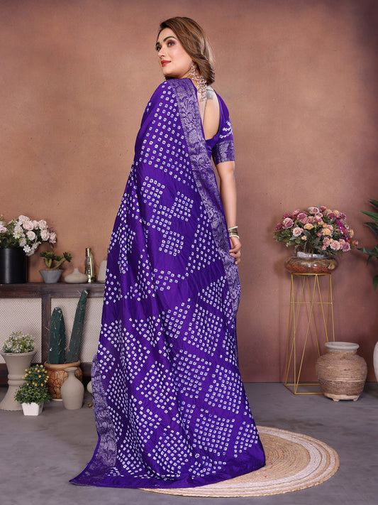 Blue Handmade Bhandhej Viscos Silk Saree With Blouse