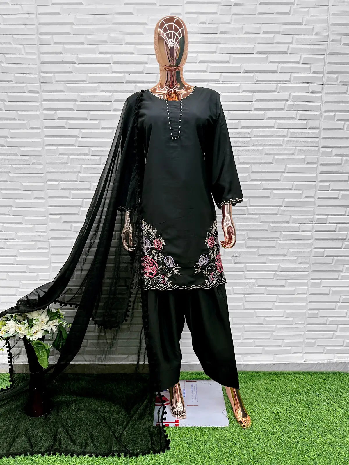 Black Crape Readymade Salwar Suit with Embroidery & Sequence Work