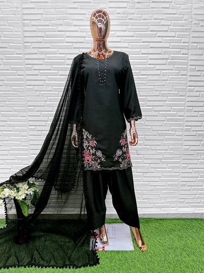 Black Crape Readymade Salwar Suit with Embroidery & Sequence Work
