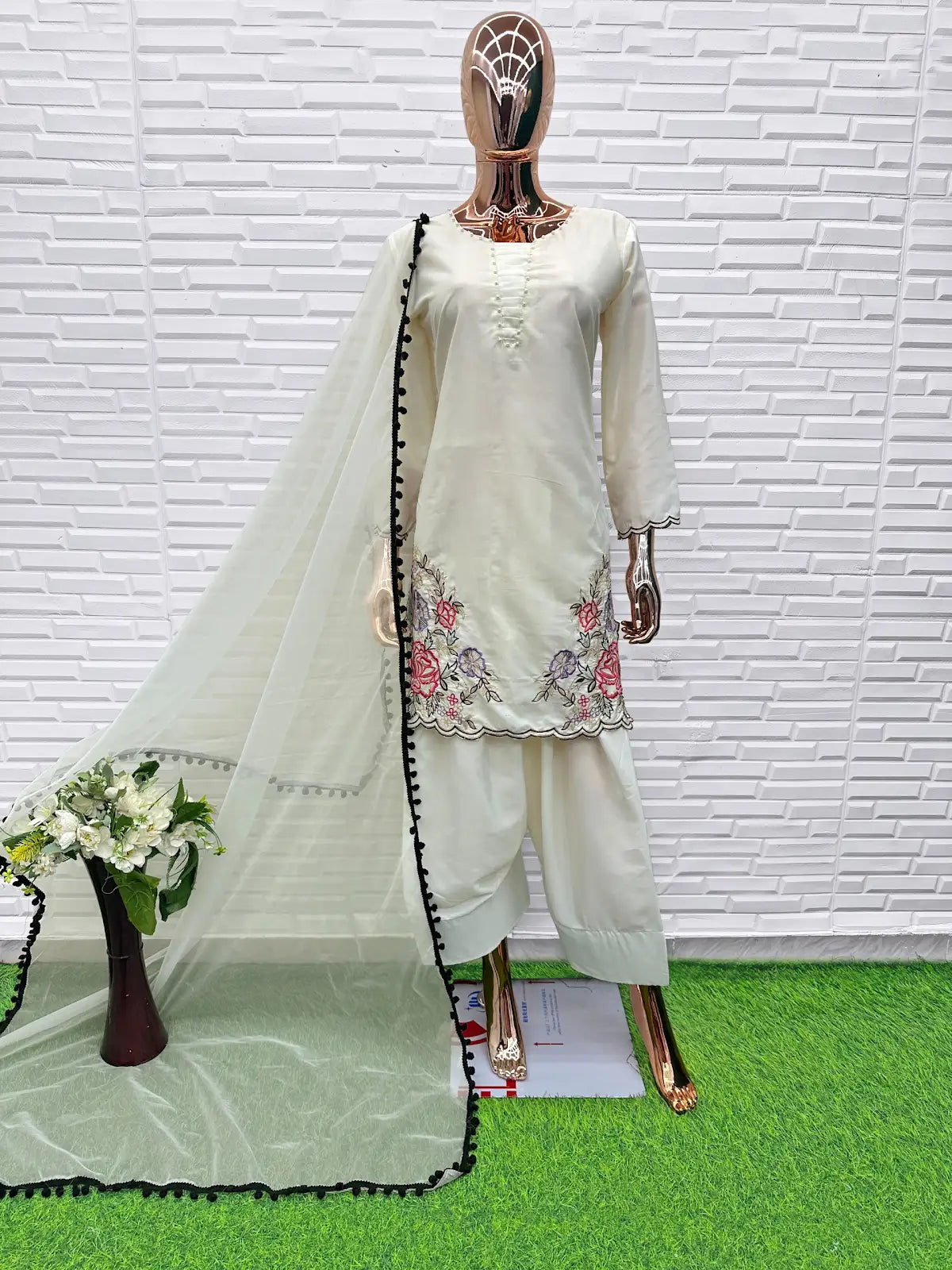 White Crape Readymade Salwar Suit with Embroidery & Sequence Work
