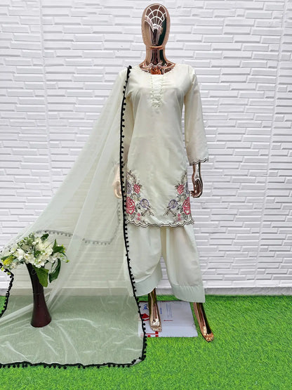 White Crape Readymade Salwar Suit with Embroidery & Sequence Work