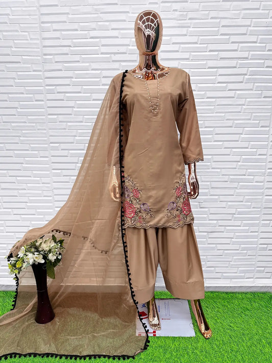 Brown Crape Readymade Salwar Suit with Embroidery & Sequence Work