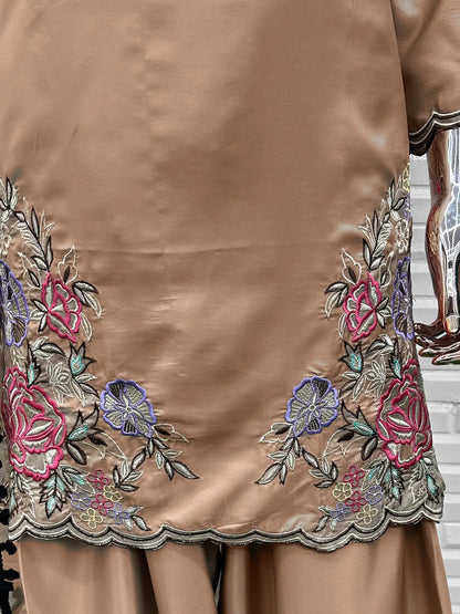 Brown Crape Readymade Salwar Suit with Embroidery & Sequence Work