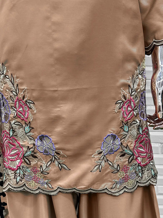 Brown Crape Readymade Salwar Suit with Embroidery & Sequence Work