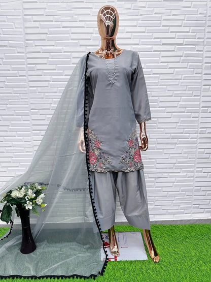Grey Crape Readymade Salwar Suit with Embroidery & Sequence Work