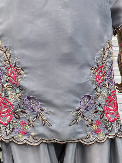 Grey Crape Readymade Salwar Suit with Embroidery & Sequence Work