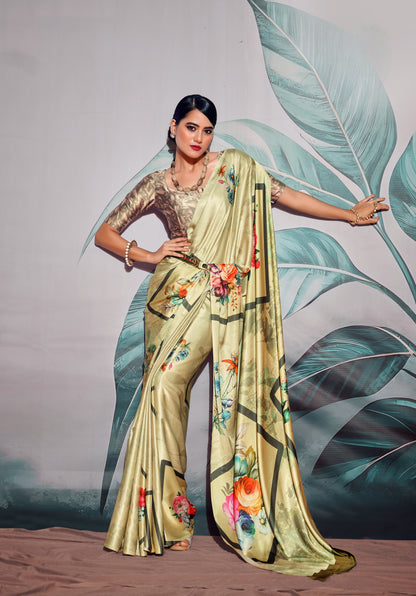 Green Pure Sattin silk With Zari Weaving Saree With Blouse