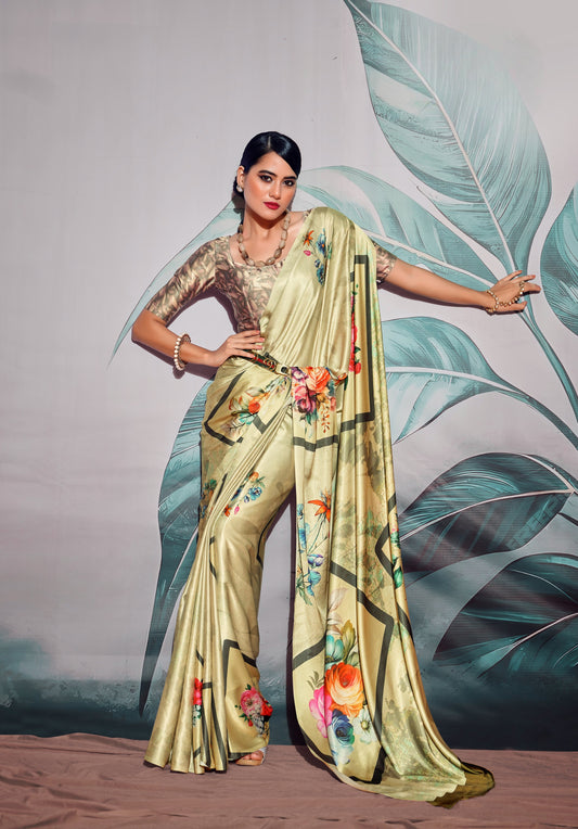 Green Pure Sattin silk With Zari Weaving Saree With Blouse