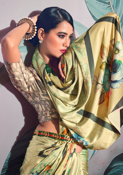 Green Pure Sattin silk With Zari Weaving Saree With Blouse