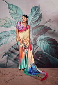 Cream Pure Sattin silk With Zari Weaving Saree With Blouse