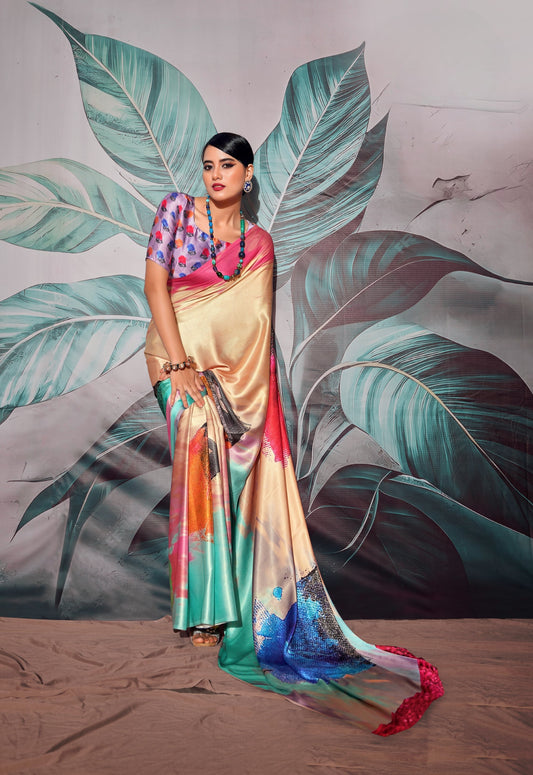 Cream Pure Sattin silk With Zari Weaving Saree With Blouse
