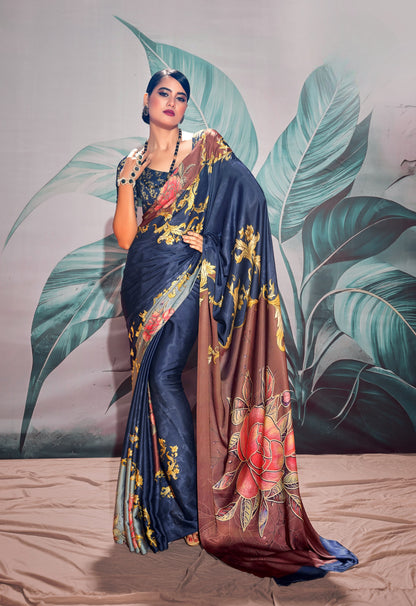 Navy Blue Pure Sattin silk With Zari Weaving Saree With Blouse