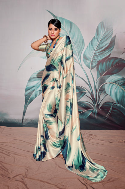 Off White Pure Sattin silk With Zari Weaving Saree With Blouse