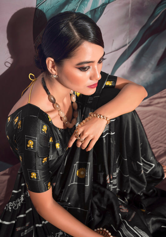 Black Pure Sattin silk With Zari Weaving Saree With Blouse