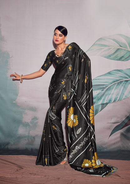 Black Pure Sattin silk With Zari Weaving Saree With Blouse