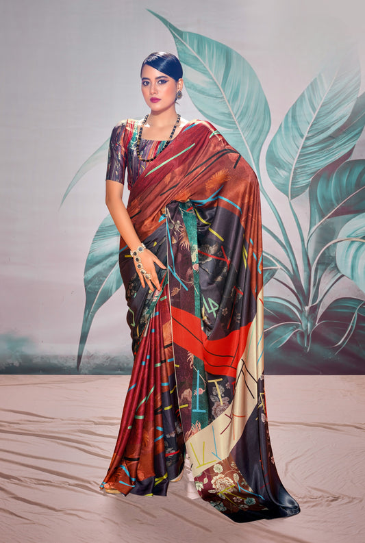 Maroon Pure Sattin silk With Zari Weaving Saree With Blouse