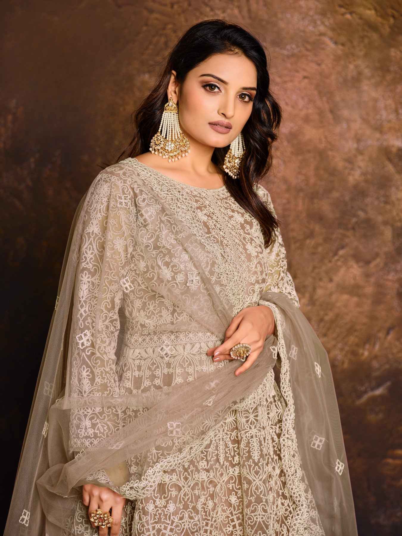 Mehendi Embroidered Net Semi Stitched Anarkali Suit