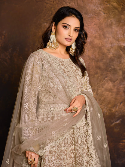 Mehendi Embroidered Net Semi Stitched Anarkali Suit