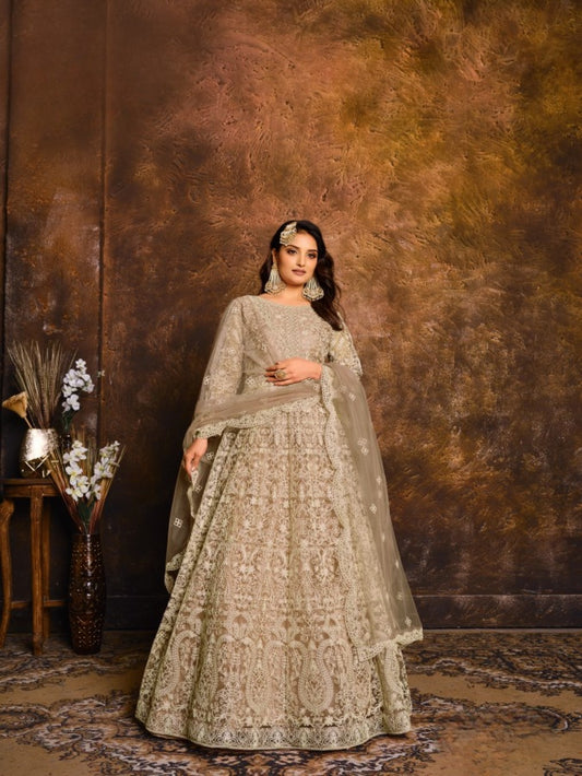 Mehendi Embroidered Net Semi Stitched Anarkali Suit
