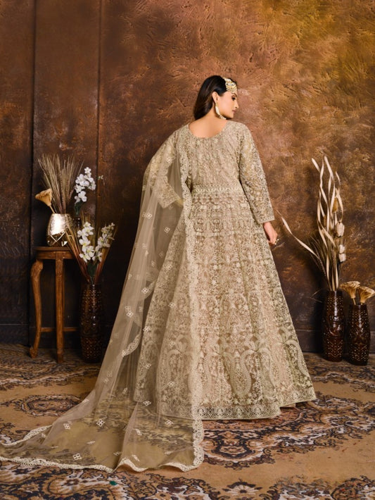 Mehendi Embroidered Net Semi Stitched Anarkali Suit