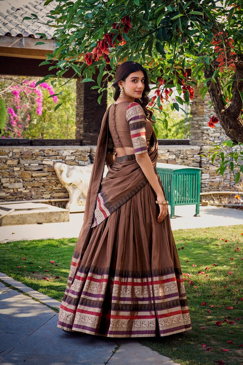 Women Pure Chanderi Plain With Zari Weaving Work Border Stitched Lehenga With Unstitched Blouse Dupatta(Up to 42)