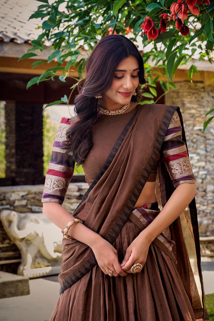 Women Pure Chanderi Plain With Zari Weaving Work Border Stitched Lehenga With Unstitched Blouse Dupatta(Up to 42)