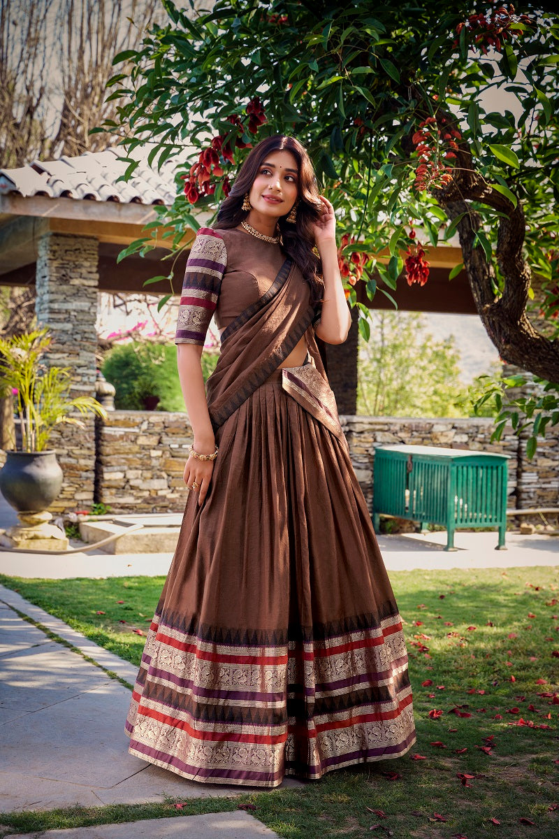 Women Pure Chanderi Plain With Zari Weaving Work Border Stitched Lehenga With Unstitched Blouse Dupatta(Up to 42)