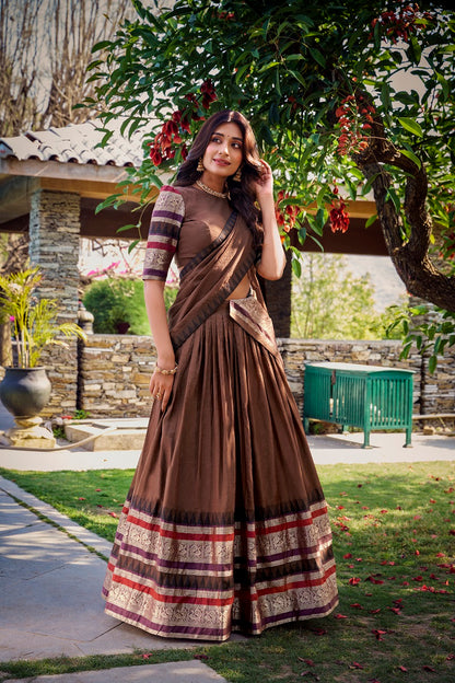 Women Pure Chanderi Plain With Zari Weaving Work Border Stitched Lehenga With Unstitched Blouse Dupatta(Up to 42)