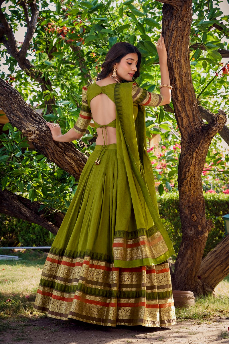 Women Pure Chanderi Plain With Zari Weaving Work Border Stitched Lehenga With Unstitched Blouse Dupatta(Up to 42)