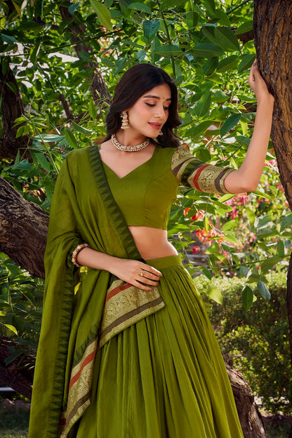 Women Pure Chanderi Plain With Zari Weaving Work Border Stitched Lehenga With Unstitched Blouse Dupatta(Up to 42)
