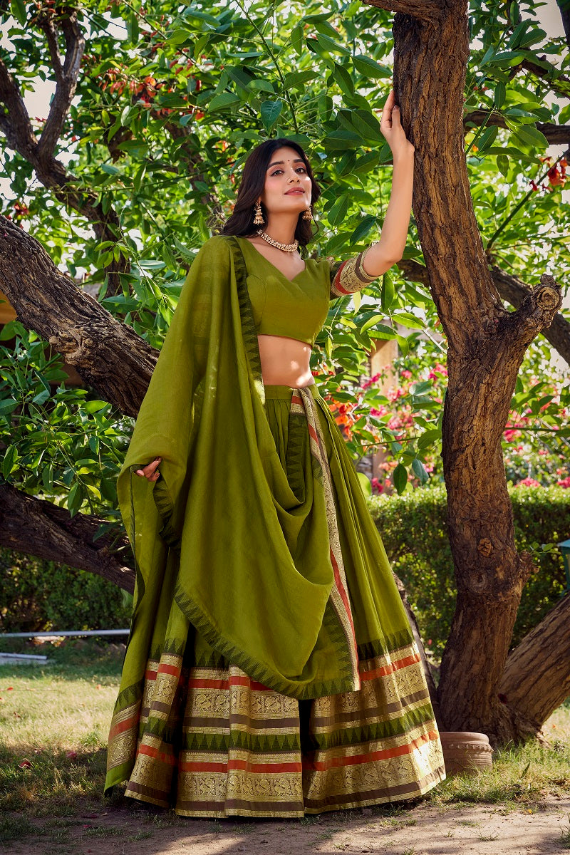 Women Pure Chanderi Plain With Zari Weaving Work Border Stitched Lehenga With Unstitched Blouse Dupatta(Up to 42)
