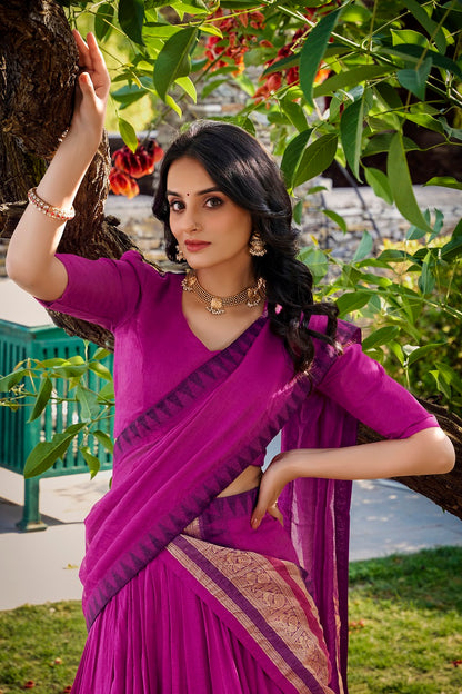 Women Pure Chanderi Plain With Zari Weaving Work Border Stitched Lehenga With Unstitched Blouse Dupatta(Up to 42)
