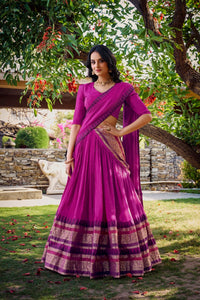 Women Pure Chanderi Plain With Zari Weaving Work Border Stitched Lehenga With Unstitched Blouse Dupatta(Up to 42)