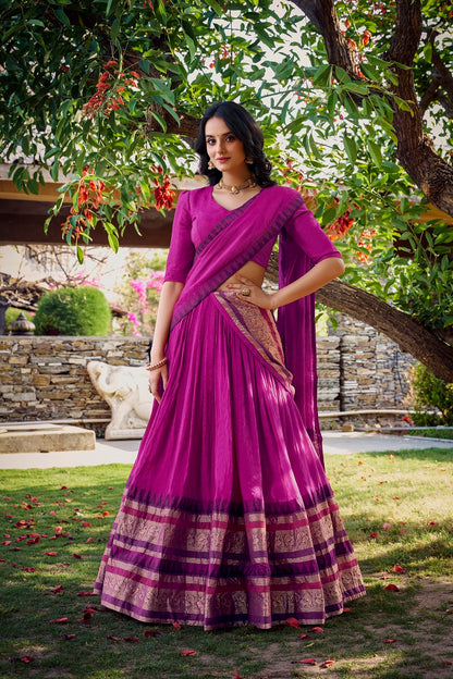 Women Pure Chanderi Plain With Zari Weaving Work Border Stitched Lehenga With Unstitched Blouse Dupatta(Up to 42)