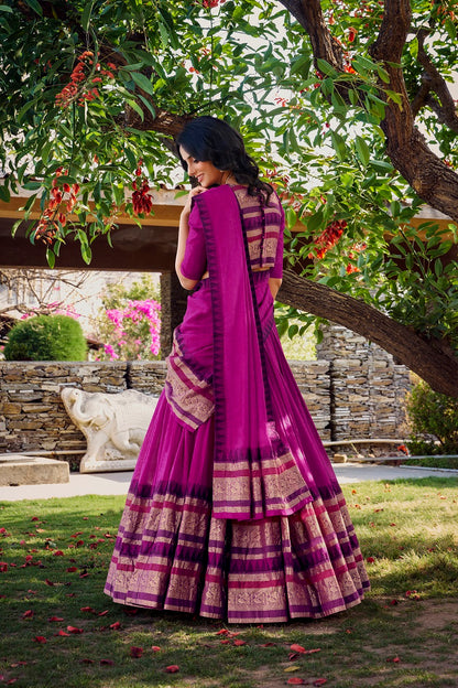 Women Pure Chanderi Plain With Zari Weaving Work Border Stitched Lehenga With Unstitched Blouse Dupatta(Up to 42)